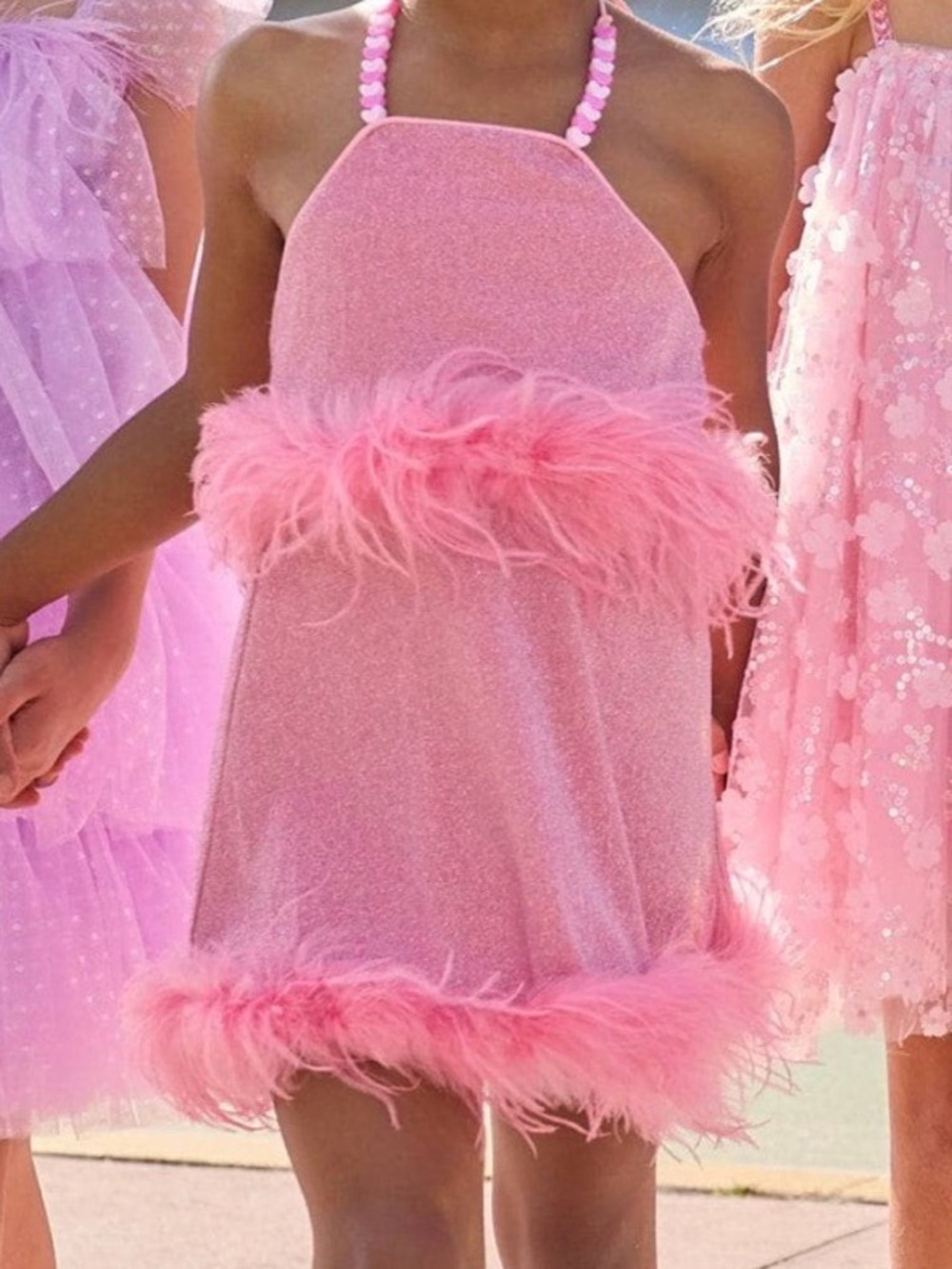 Lola + The Boys Pink Feather Trim Halter Dress Set